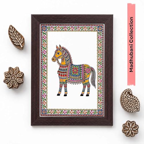Image of PAPER PAJAMA Madhubani Vastu Horse Wall Art for Living Room | Traditional Indian Folk Painting | Mithila Art Framed Decor for Home, Office & Bedroom (10x13 Inches)