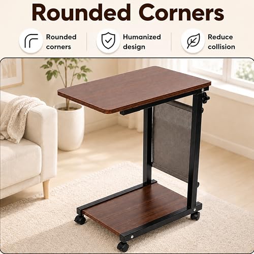 Image of ANT ESPORTS BRAVO CD500 (WALNUT) Adjustable Laptop Table with Wheels & Storage Pocket, 48x30cm Wooden Top,Height Adjustable 60-80cm Rolling Side Desk for Bed, Sofa, Study, Home Office & Work From Home