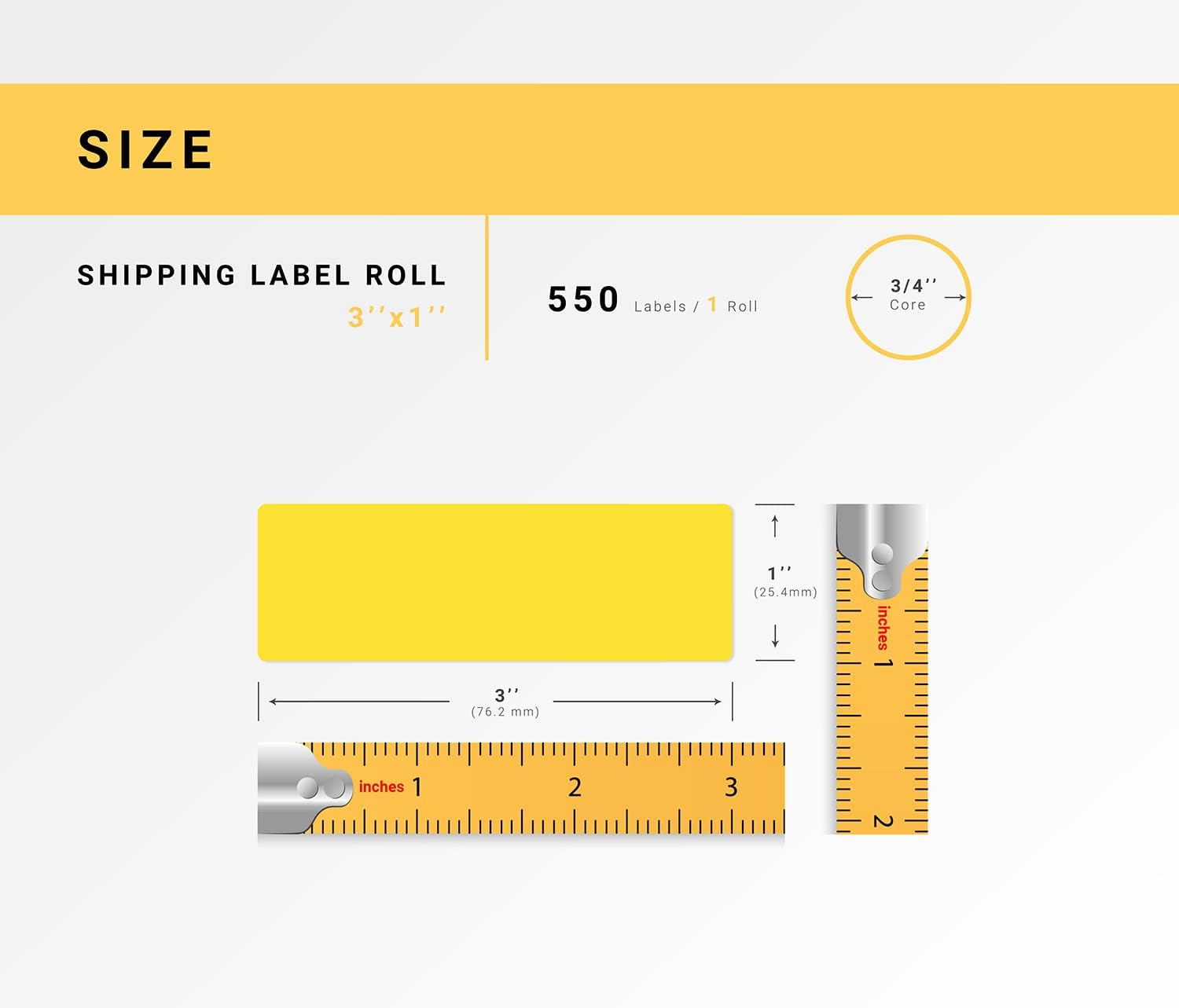 HOUSELABELS 3" x 1" Yellow Multipurpose Labels on 0.75" Core Compatible with Zebra and Rollo Printers, 10 Rolls / 550 Labels per Roll
