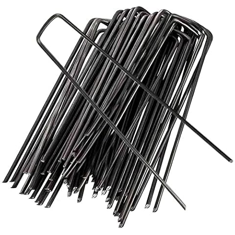 Aandyou Garden Pegs Stakes Staples Securing Lawn U Shaped Nail Pins, Artificial Grass Pegs Ideal for Weed Control Membrane/Fabric/Artifical Grass/Matting/Netting Galvanised Ground Peg (50, Black) Cover