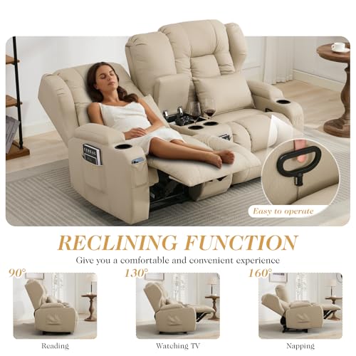 Image of Loveseat Recliner Sofa with Console,RV Wall Hugger Recliners for Small Spaces,Reclining Loveseat Sofa Recliner with Cup Holders /Lumbar Pillows,RV Furniture (Beige, 66 inch 2-Seater)
