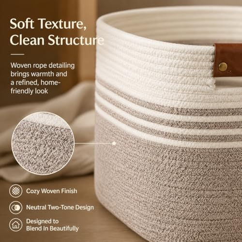 Image of Cotton Rope Laundry Basket Extra Large, 22.8GAL Collapsible Woven Storage Baskets for Living Room Kids Toys Stuffed Animal,Boho Rectangular Decorative Hamper for Dirty Clothes, Blankets White Brown