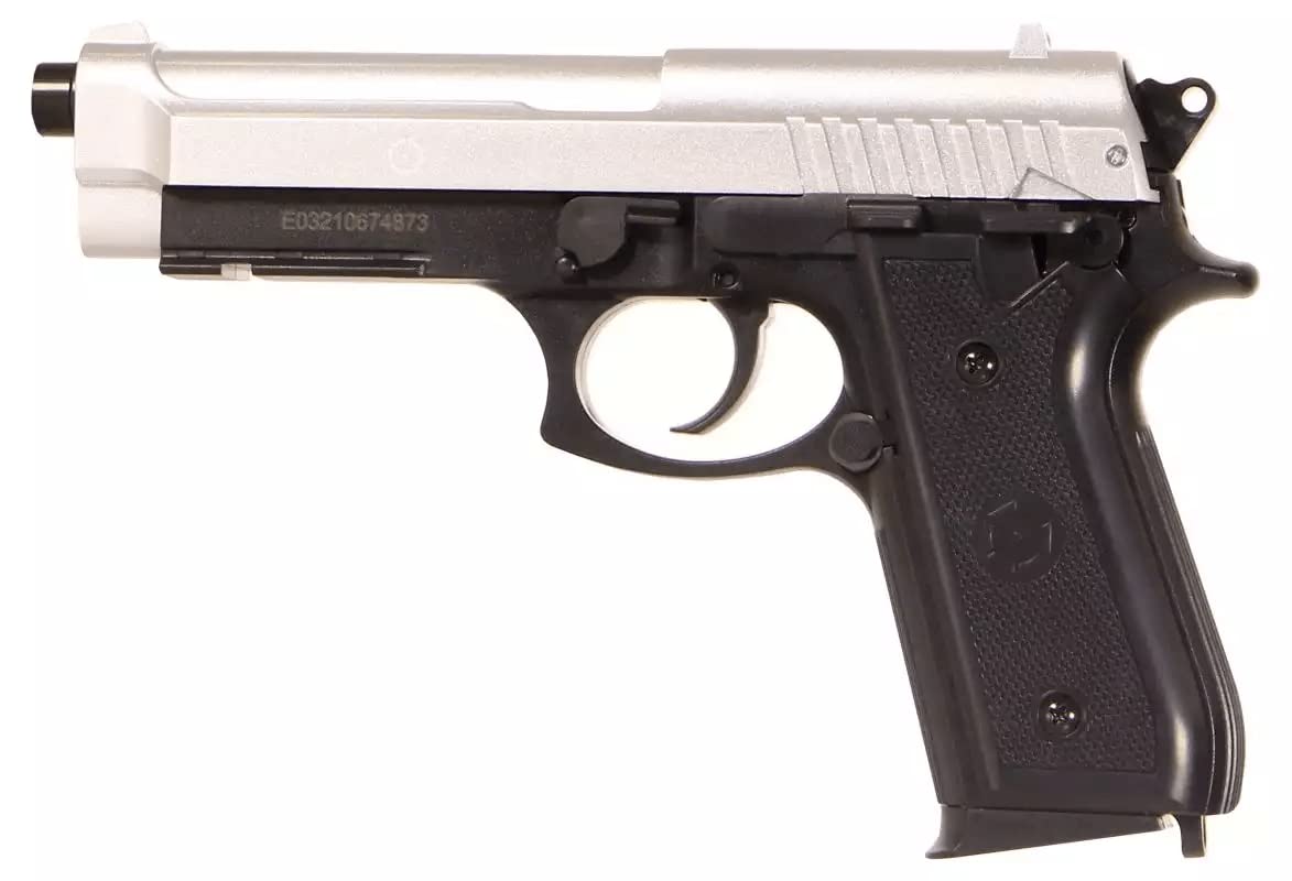 CyberGun Pistola de Airsoft- PT92 Modelo Dos Tonos-Color:Negro/Plata-Disparo metálico-Potencia 0.5 Joule