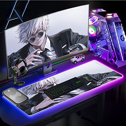 Mouse Pads Anime Cool Boys Uniforms Rgb Mouse Mat Anime Satoru Gojo Large Led Gaming Illumination Mouse Pad Usb Mousepad Gamer Computer Keyboard Pad Mat,Wireless Charging,15.7X35.4Inches #TOP6