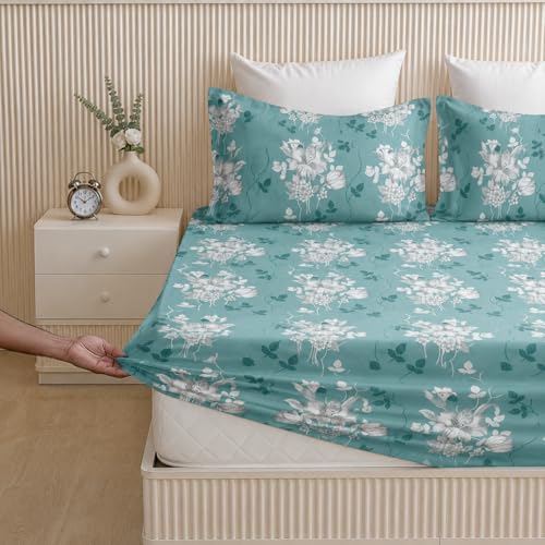 Image of 300 TC Glace-Cotton All Around Elastic Fitted Bedsheet, Elastic Fitted Bedsheet Single Size Bedsheet for Single Bed with 1 Pillow Cover, Size - 72 x 36 x 8 Inch Color