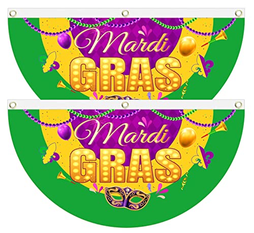 FLCHWY Mardi Gras Happy Carnival Bunting Banner,New Orleans Mardigras Carnival Celebration Bunting Flag Holiday Party Fleur De Lis Carnival Flag Canvas Header Polyester Outdoor Decor with 3 Brass
