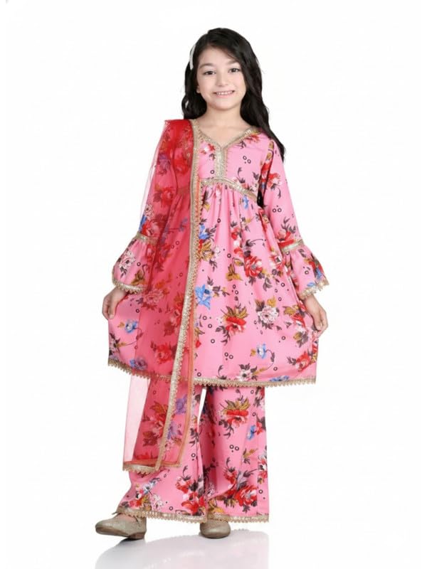 Image of Amazon Brand - Anarva Pink Floral Girls Ethnic Kurta Set with Dupatta, Lehenga Choli Wear Traditional Outfit, Festive Dress for Kids
