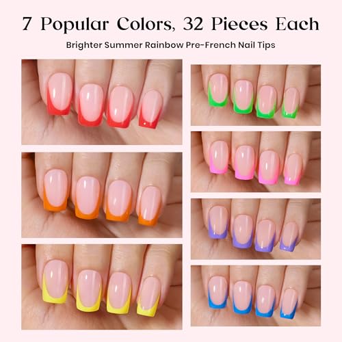 Image of Beetles Soft Gel Summer Press On Nails 224 Pcs 7 Colors, French Tip Short Squoval Classic Fake Tips, Rainbow False Nails Art DIY For Women