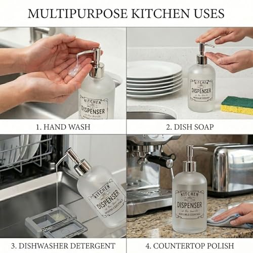 Image of Luxe Home International Kitchen Dispenser Print Glass Soap Dispenser for Bathroom and Kitchen Sink Leak Proof Liquid Hand Wash Round Bottle Lightweight Smooth Finish (19.5x7.5 cm White) Pack of 1