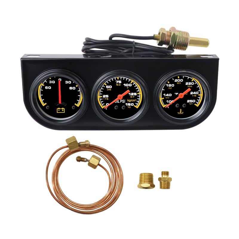 2" 52mm 3-in-1 Triple Gauge Set, 0-150 PSI Oil Pressure Gauge, 100-250°F Water Temp Gauge, -60-60 AMP Ammeter Gauge, Auto Triple Gauge Kit for Car, Truck & Pickup