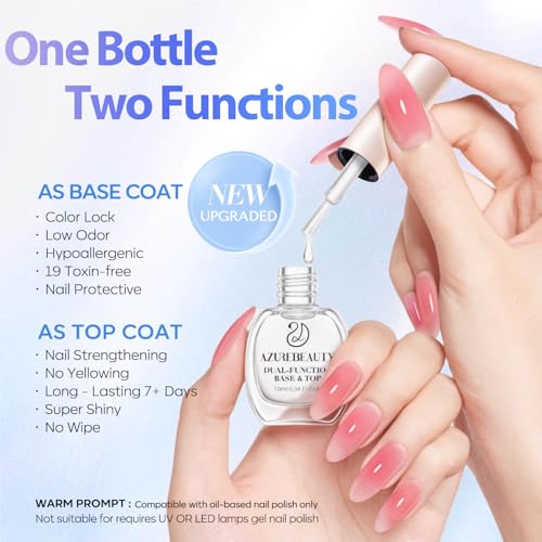 Image of AZUREBEAUTY 2-in-1 Base & Top Coat Nail Polish, Clear Strengthener, Quick-Dry, High-Gloss Shine, Streak-Free, Gentle Formula for Easy At-Home Manicures | Quick Dry Top Coat & Base Coat, High Gloss Long Lasting No Chip Shield, Nail Hardener for Weak Nails for Women 10ml