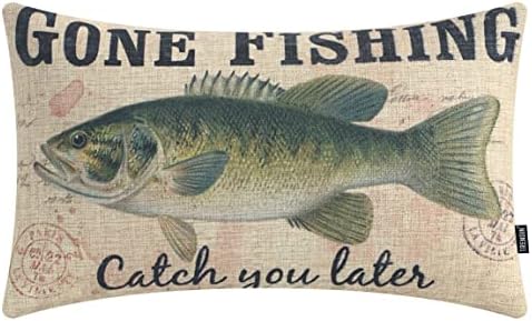 TRENDIN Gone Fishing Pillow Cover 20x12 Inch Retro Lakeside Decor...