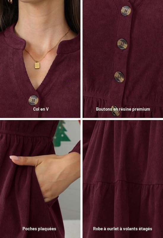 Alaster Queen Robe d'automne et d'hiver pour femme - Manches longues - Volants - Robe chemisier en tricot avec poches - Col en V - Longueur genou - Robe festive élégante