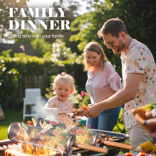 Rolling Grilling Basket,nesting grill baskets 2 PCS Fitted with Wooden Handles Outdoor Rolling Grilling Basket, BBQ Food Grade Stainless Steel Camping Grill Mesh Cylinder