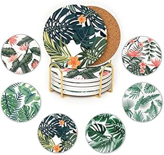 JJ PRIME - Ceramic Coasters Set Of 6 | Absorbent Coasters With Holder | Drink Coasters with Cork Based - Non Scratch, Anti Slip Glass Coasters House Warming Gifts (Boho Art)