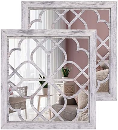 Rustic Decorative Wall Mirror Decor- Living Room Farmhouse Wall Mirrors, 2pcs Wall Mounted Mirror for Bedroom Kitchen Bathroom Entryway Laundry Home Decor Clearance, 12 inch Small White Mirror Art