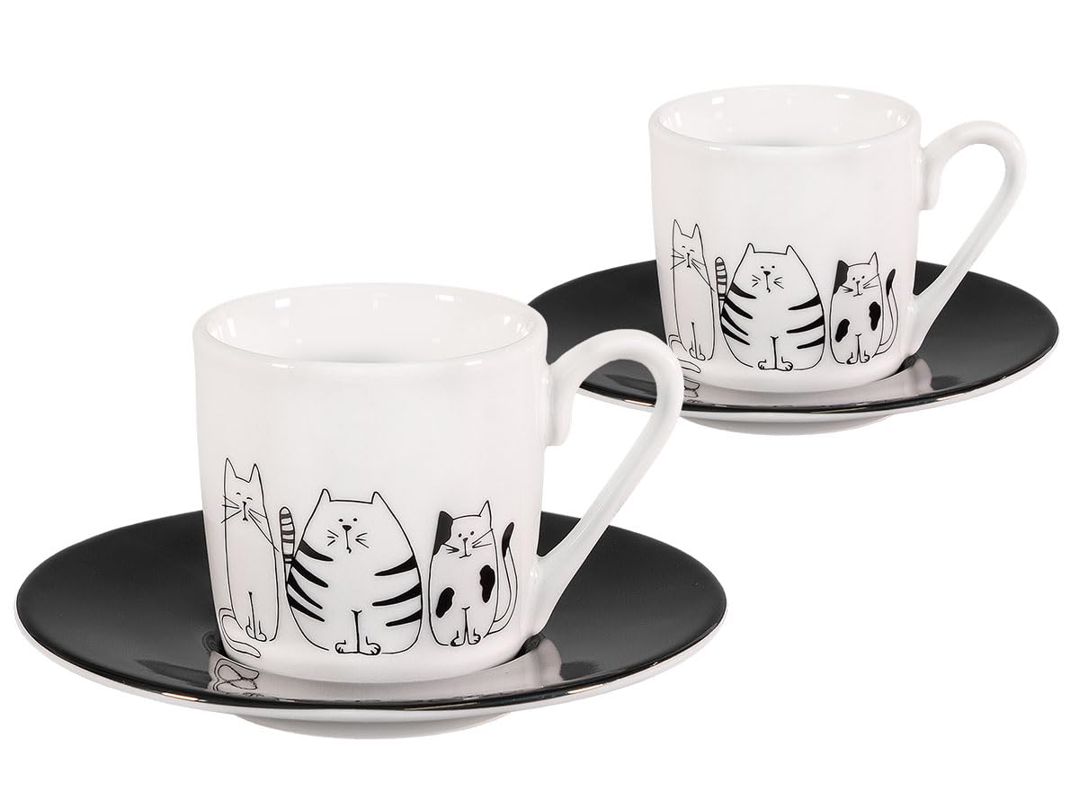 Könitz Espresso Tassen Set Funny Cats. 4 Kaffeetassen 65ml aus Porzellan. Espressotassen modern, schwarz-weiß