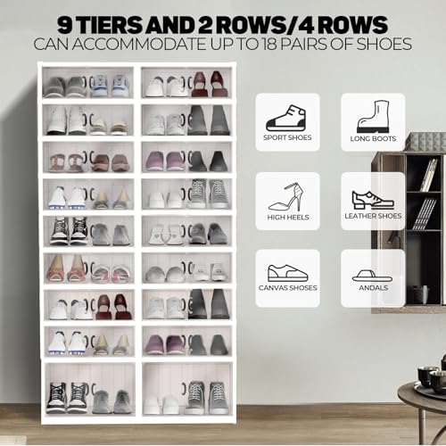 FAHKNS Foldable Shoe Rack, Transparent Shoe Boxes with Magnetic Double Doors, Shoe Organizer Storage for Entryway/Bedroom/Cloakroom, Large Shoe Cabinet with Hidden Bottom Roller 9 Tiers 4 Row (White) by FAHKNS - Image 3