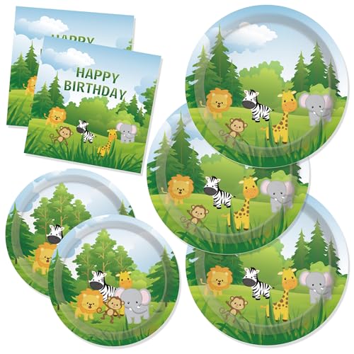 CC HOME 88PCS Jungle Animals Birthday Paper Plates Napkins Tiger Lion Elephant Disposable Tableware Set Party Supplies Tissue Jungle Animals Theme Dinnerware Cutlery Kits Serves 24 Guest