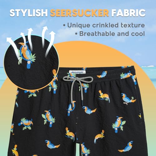 maamgic Men's Swim Trunks 5.5 inch Seersucker Beach Shorts Quick Dry Bathing Suits with Mesh Liner Black Parrot XX-Large2
