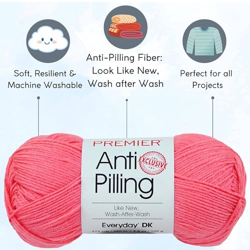 Image of Premier Yarns Anti-Pilling Everyday DK Coral 1107-70 (3-Skeins - Same Dye Lot) DK Light Worsted #3 Anti-Pilling Acrylic Yarn for Crocheting and Knitting with Project Bag