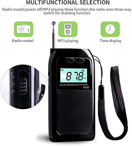 Rádio portátil de ondas curtas FM MW estéreo digital portátil e MP3 player com despertador