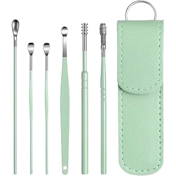 Earwax Removal Kit 6 Pieces Stainless Steel Ear Curette Ear Cleaning Tool with Portable Bag Blue