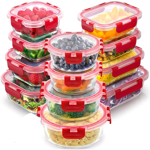Zulay Lot de 12 boîtes de conservation alimentaire en verre avec couvercles – Verre borosilicate durable, hermétique, sans BPA, empilables, passent au micro-ondes, rouge
