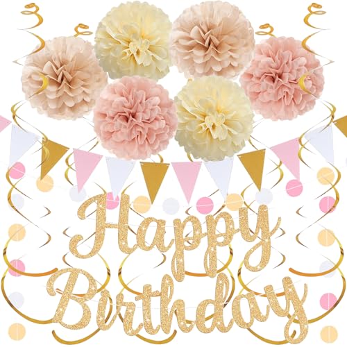 Image of Gold Birthday Decorations, Happy Birthday Banner and Paper Pompoms, Hanging Swirls, Circle Dots Garland, Pennant Flags for Girls Women Party Decorations