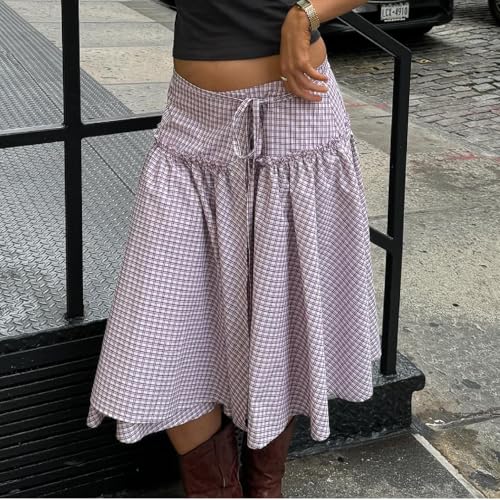 Women Y2K Plaid Long Skirt Gingham Pleated Tie Up Ruffle Hem Low Rise Skirts Flowy Casual Vintage Streetwear2