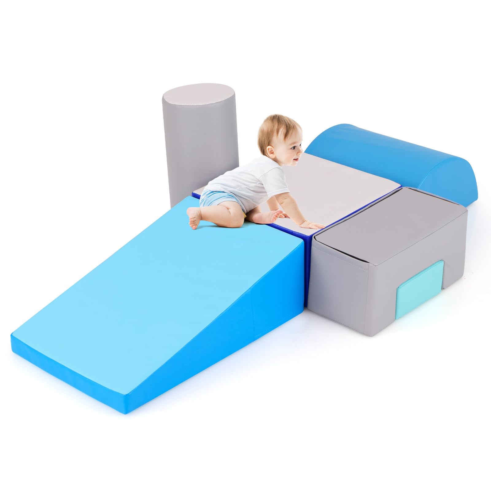COSTWAY 6 Pieces Kids Climb and Crawl Foam Play Set, Colorful Children's Educational Software Activity Toys, Baby’s Soft Climbing Blocks for Toddlers, Preschoolers (Grey+Blue)