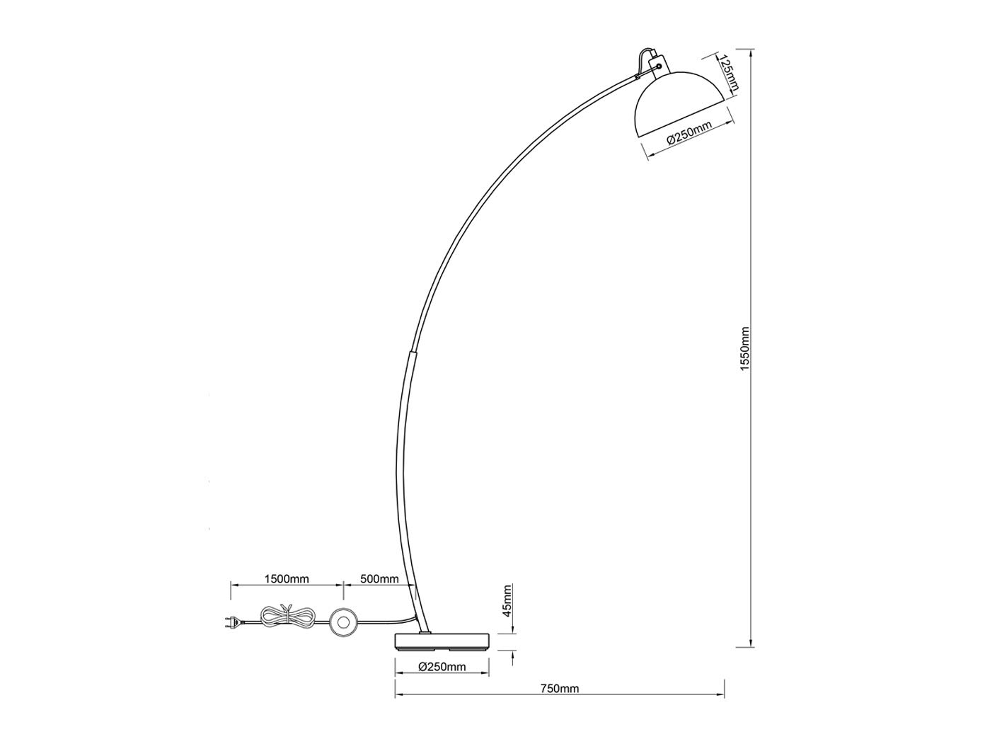 Nowoczesna lampa łukowa LED w kolorze czarnym matowym abażur wewnątrz złoty, wysokość 155 cm z wysięgiem 75 cm