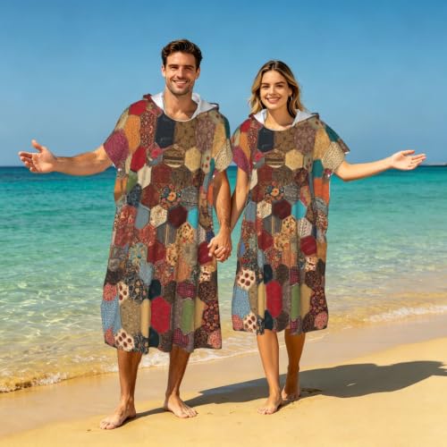 Poncho à capuche en microfibre style africain patchwork pour surf et plage