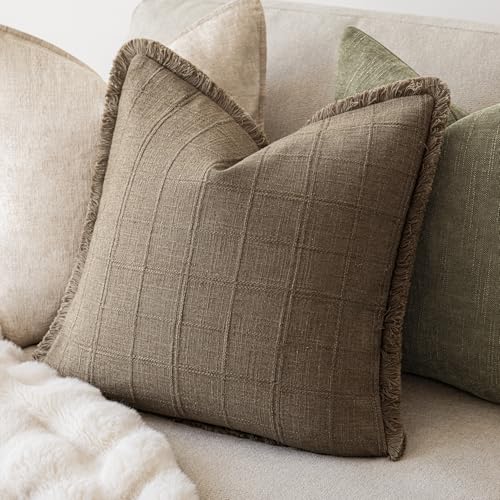 Image of Foindtower Set of 2 Decorative Linen Check Fringe Throw Pillow Covers Farmhouse Vintage Cushion Covers Modern Boho Home Decor for Sofa Chair Couch Bedroom Living Room,18x18 Inch,Cocoa Brown