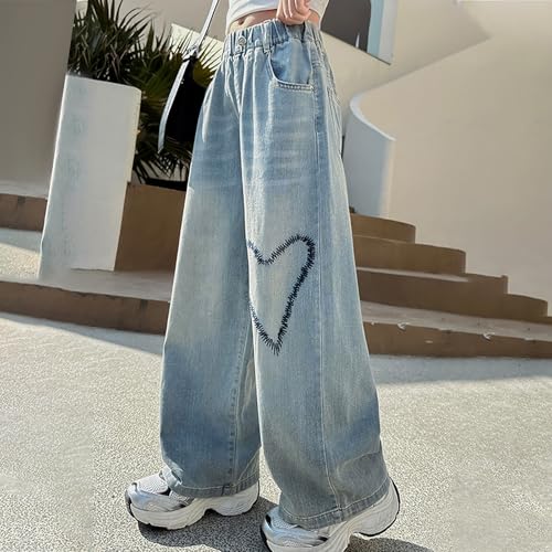 Girls Jeans Pants Heart Print Vintage Washed Wide Leg Baggy Denim Pants Streetwear Tween High Elastic Waisted Jeans3