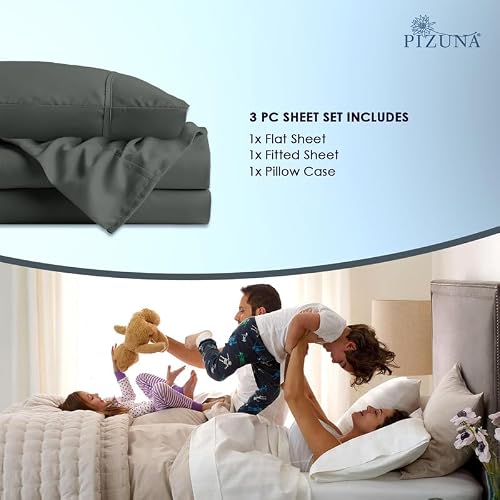 Pizuna 100% Luxury Cotton Twin XL Sheet Sets 1000 Thread Count Soft Sateen Weave Breathable Hotel Quality Cooling Bed Sheets Twin XL Bedding Set with Deep Pocket & Easy Fit Bedsheet (3PC) Dark Grey - Thumbnail 4