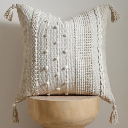 DEZENE Boho Pillow Cover 18x18 Beige - Handmade Woven Textured