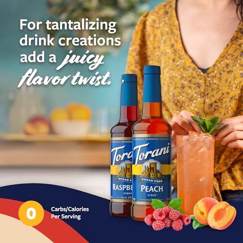 Image of Torani Sugar Free Raspberry Syrup and Sugar Free Peach Syrup Variety 2-Pack, Flavored Syrups for Drinks, Pumps Included, 25.4 Fl Oz Ea