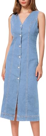 EZAPINE Denim Midi Dress for Women Sleeveless V Neck Button Down Fitted Shift Stretch Tank Long Jean Dress