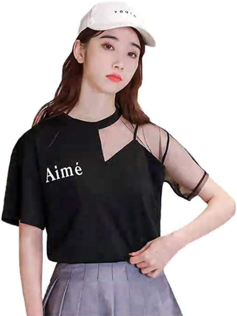 Ambrelia Womens Short-Sleeve Splice Thin T-Shirt Loose Blouse Summer Korean Tops