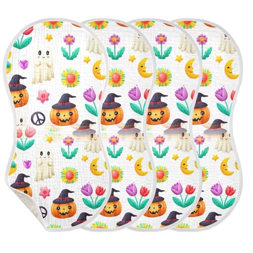 Muslin Burp Cloth for Baby 2PCS Halloween Floral Pumpkins Ghosts Super Absorbent Burping Cloths, Bibs for Newborn Boys Girls3