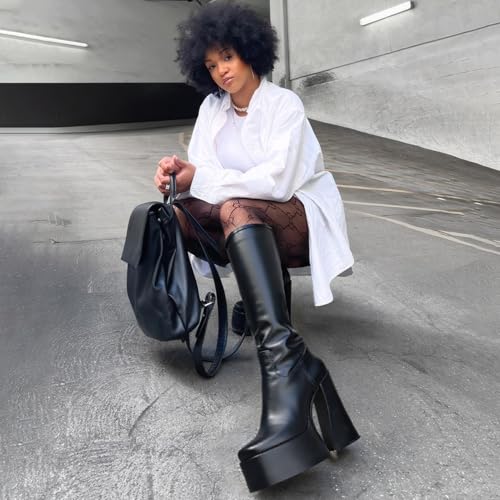 Image of LanreyTaley Elastic Women Knee High Boots Platform Chunky Heel Tall Boots Suede Dress Boots Side Zipper Stretch Boots Fall