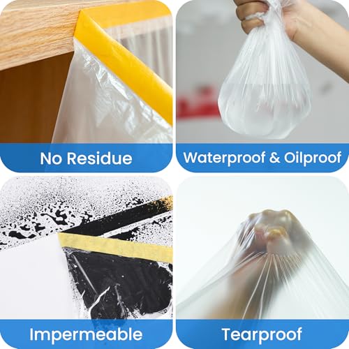 Image of TAPEBEAR Pre-Taped Masking Film 5feet x 90feet Plastic Cover for Painting | Tape and Drape Plastic Sheeting, Painters Masking Tape Film for Automotive Floor Appliance Furniture, 3Rolls