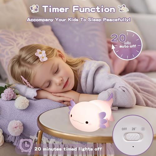 Image of FAMIDUO Purple Axolotl Night Light for Kids,LED Squishy Bedside Touch Lamp | BPA-Free Soft Silicone,Dimmable,20Min Timer,Rechargeable Nursery Light, Girls Room Decor,Cute Gifts for Mom Baby Toddler