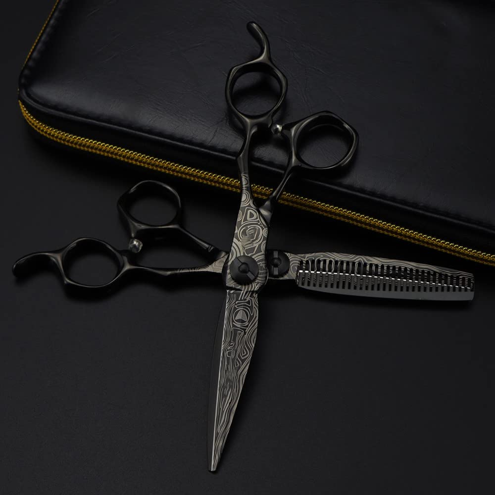 Professionelle Haarschneideschere 6 Zoll, hochwertige Schwarze Damastschere, Haarschneide- und Ausdünnschere, Friseurwerkzeug-Set mit Tasche (Set) (Set Tasche)