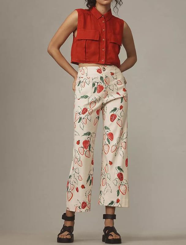 Muineobuka Women Y2k Fruit Print Jeans Graphic Print High Neck Straight Leg Denim Pants Aesthetic Jeans Summer Streetwear4