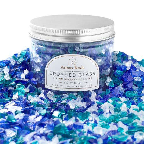 Armas Kodu Sapphire Lagoon Mix Crushed Glass for Resin Art & Crafts | 3-6mm, 1.5 lb broken glass pieces add sparkle & texture to geode edges, vase fillers, home decor, and DIY crafts.