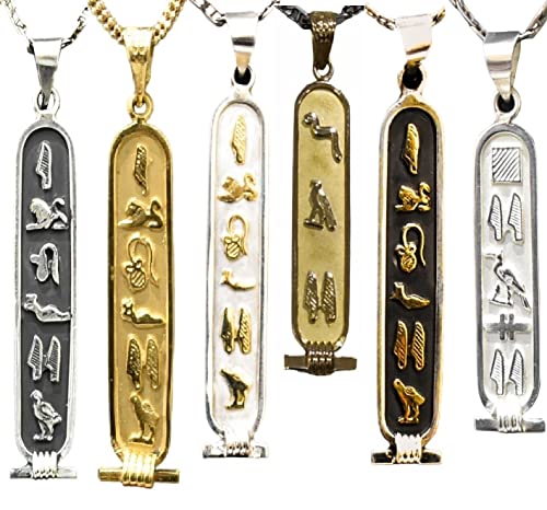 Personalized Cartouche Necklace Pendant 14K ,18K Gold and Silver 1-Sided Translate into ancient egyptian Hieroglyphs Handmade in Egypt (1.75 inch ( 4:5 letters ), Sterling Silver & 18k gold Symbols)