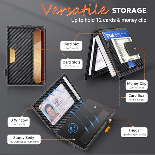 Pop-Up Wallet for Men - Father's Day Gift- Slim Metal RFID Blocking Card Holder, Holds 10 Cards with Money Clip & Magnetic Closure (Carbon Fiber)3