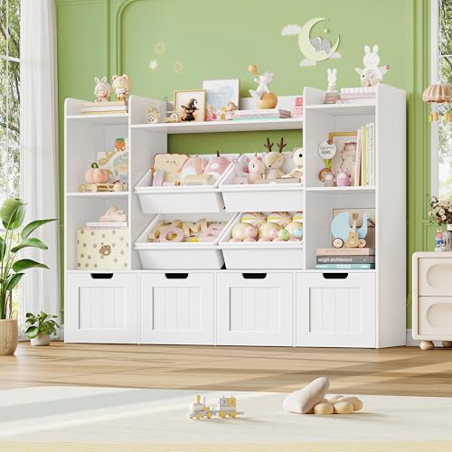 LULUBEAR Toy Storage Organizer, Toy Organizer with 4 Movable Drawers and 4 Box Bins, Kids Playroom Storage Organization with Hidden Wheels for Living Room, Kids Room